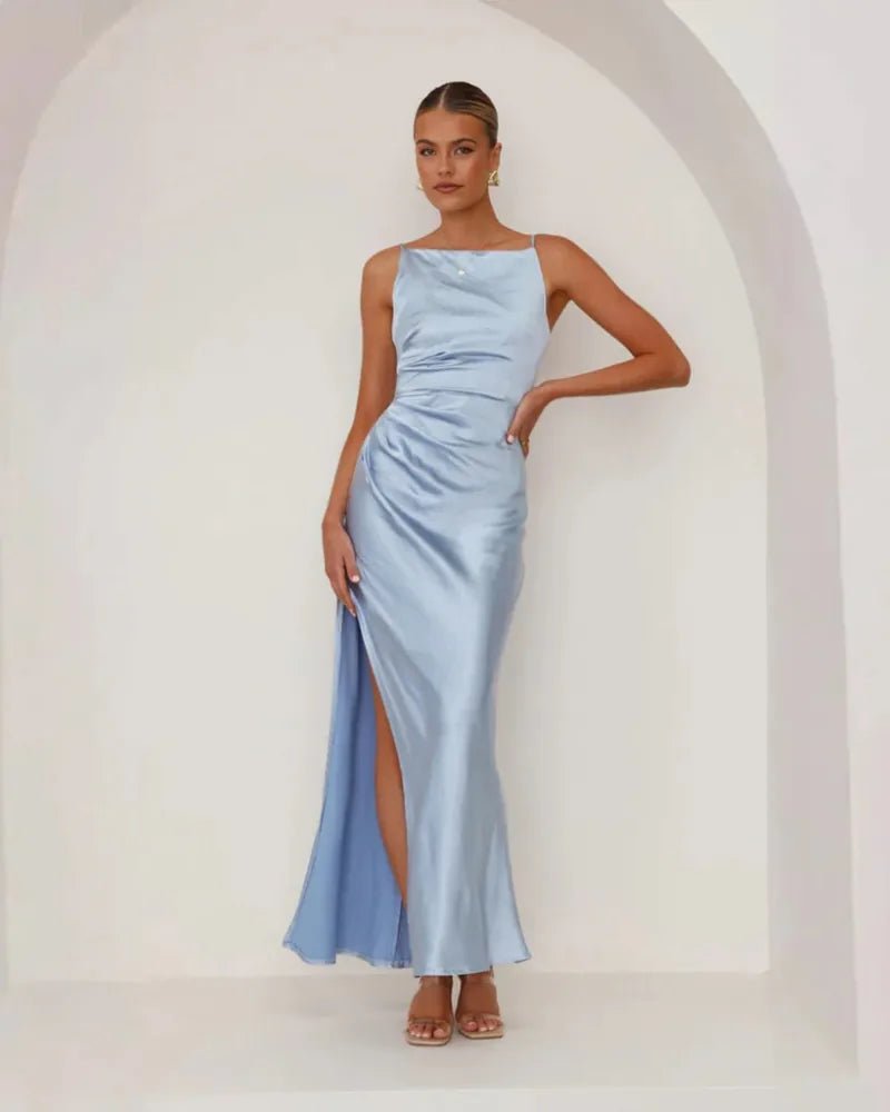Daphne | Elegant Pink Ruched Satin Maxi Dress With Side Slit - Emma's Dresses