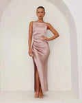 Daphne | Elegant Pink Ruched Satin Maxi Dress With Side Slit
