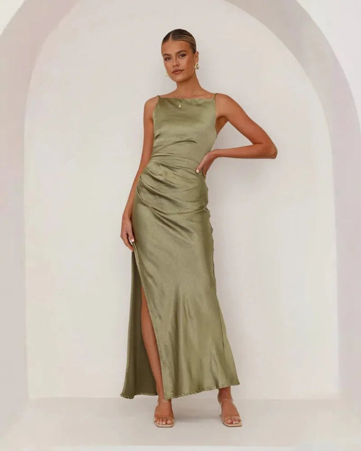Daphne | Elegant Pink Ruched Satin Maxi Dress With Side Slit - Emma's Dresses