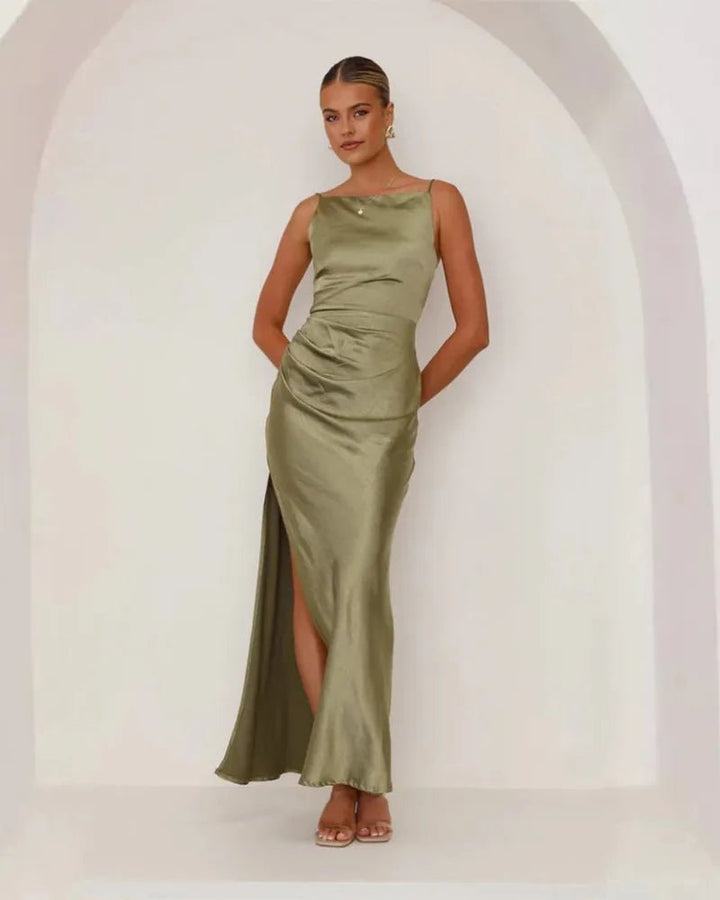 Daphne | Elegant Pink Ruched Satin Maxi Dress With Side Slit - Emma's Dresses