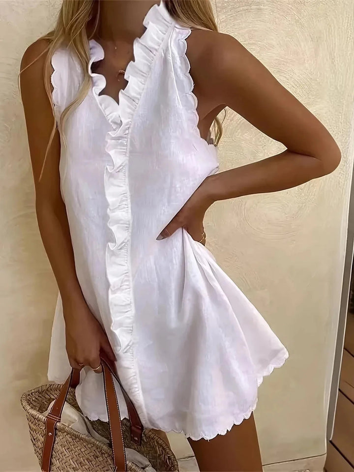 Florence | Elegant Ruffle White Dress with Halter Neckline - Emma's Dresses