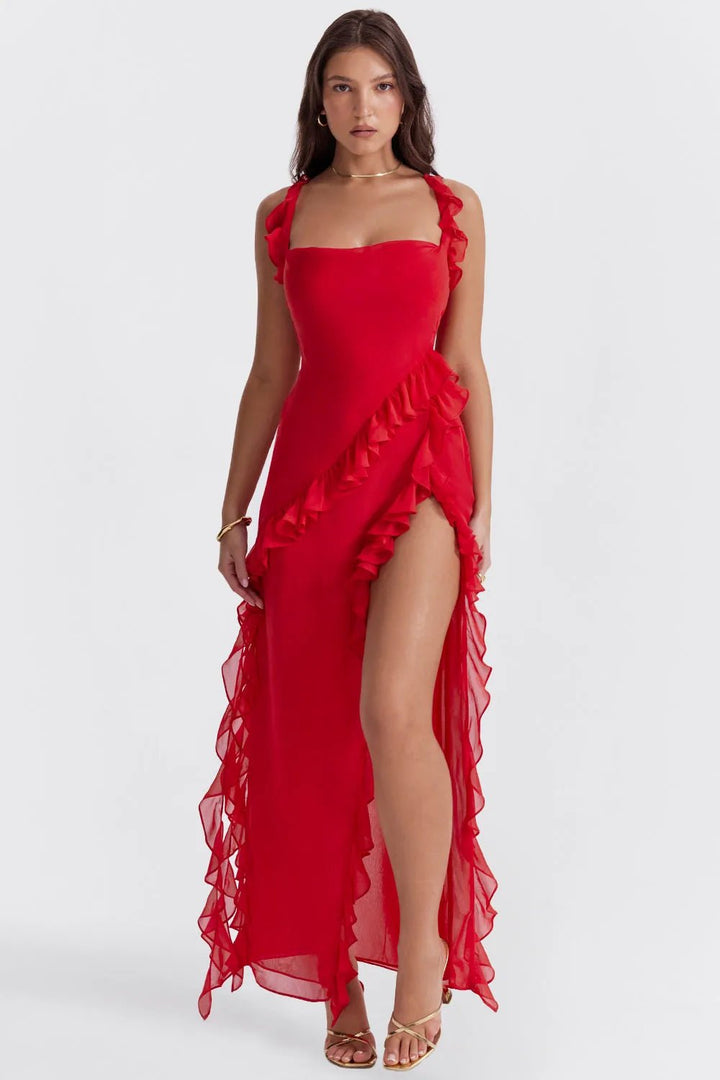 Beatrice | Elegant Ruffle Square Neck Maxi Dress - Emma's Dresses