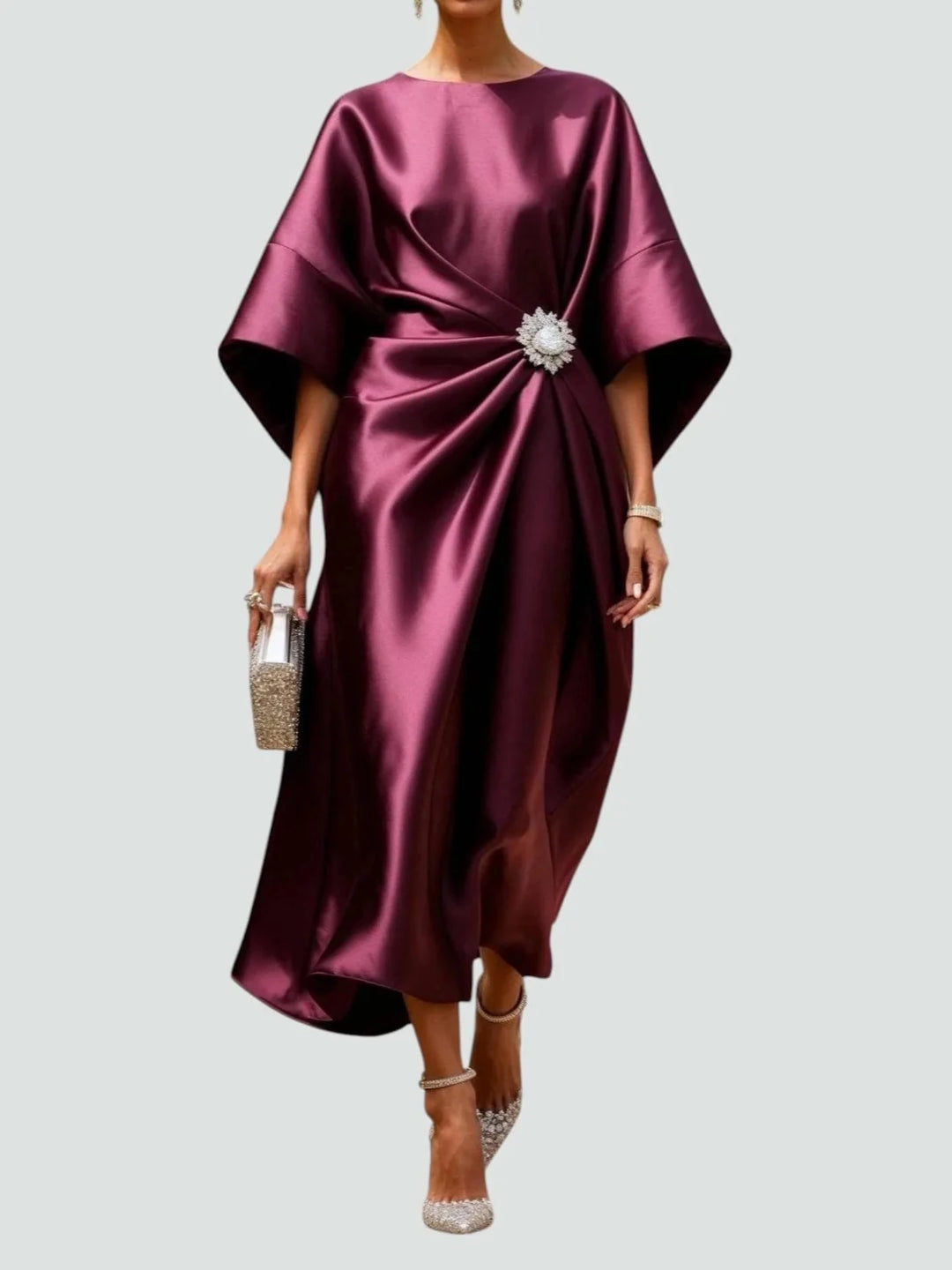 Clara | Elegant Blue Satin Kimono Sleeve Midi Dress With Brooch - Emma's Dresses