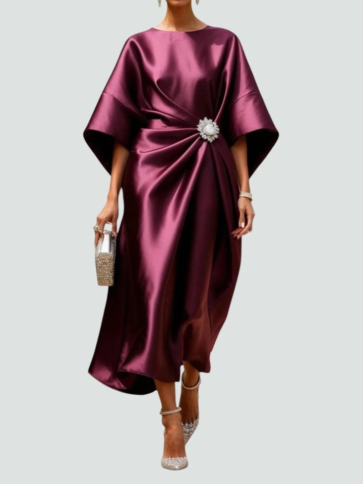 Clara | Elegant Blue Satin Kimono Sleeve Midi Dress With Brooch - Emma's Dresses
