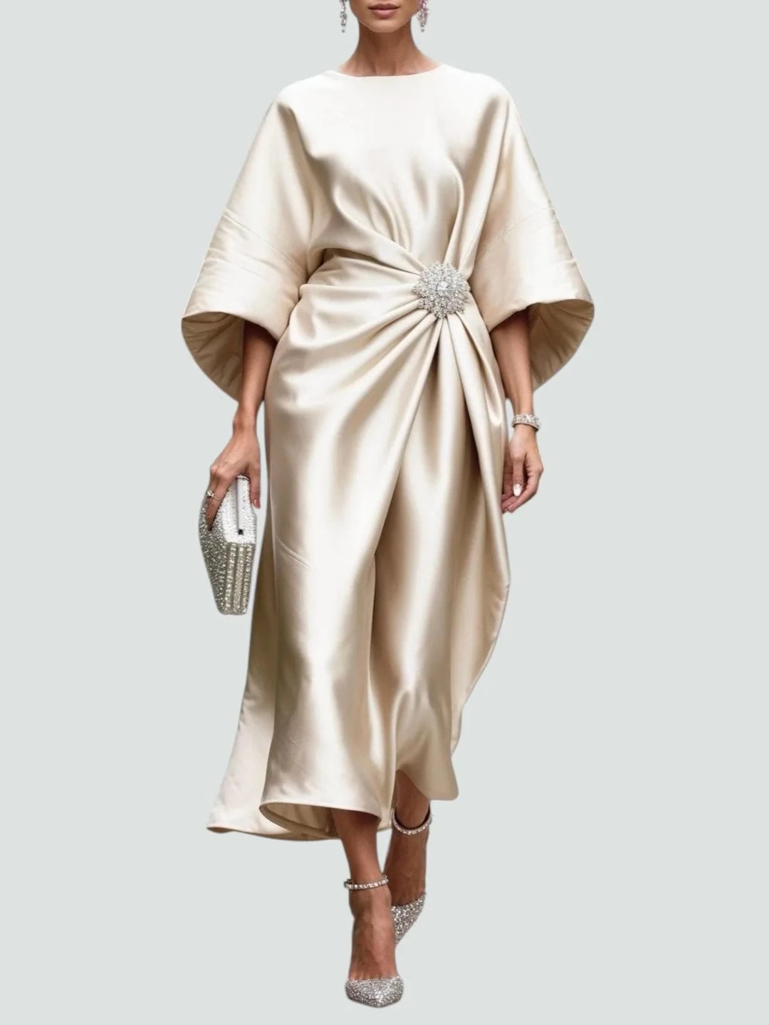 Clara | Elegant Blue Satin Kimono Sleeve Midi Dress With Brooch - Emma's Dresses