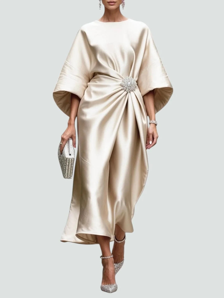 Clara | Elegant Blue Satin Kimono Sleeve Midi Dress With Brooch - Emma's Dresses
