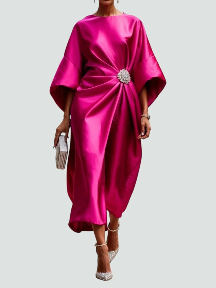 Clara | Elegant Blue Satin Kimono Sleeve Midi Dress With Brooch - Emma's Dresses