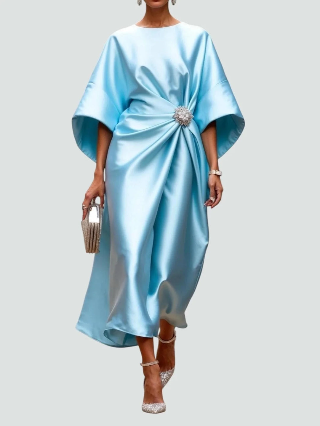 Clara | Elegant Blue Satin Kimono Sleeve Midi Dress With Brooch - Emma's Dresses