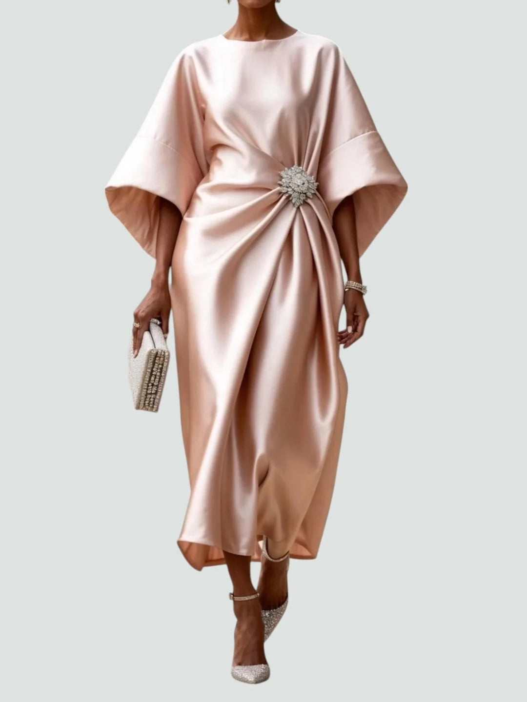 Clara | Elegant Blue Satin Kimono Sleeve Midi Dress With Brooch - Emma's Dresses