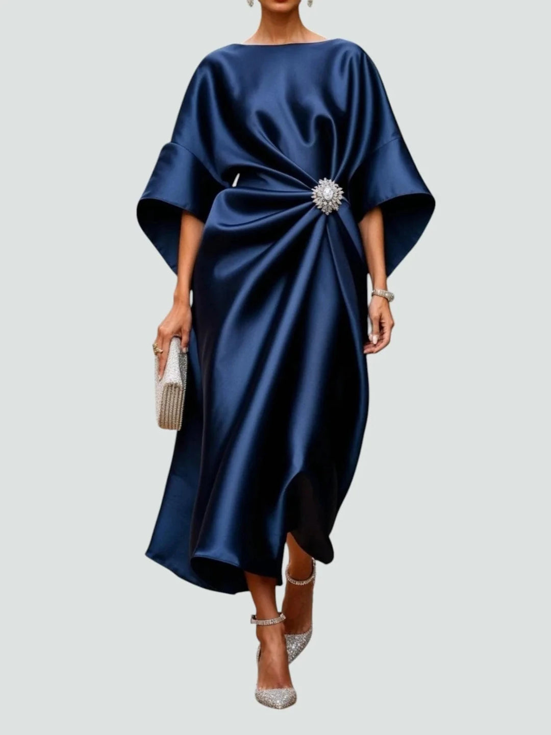 Clara | Elegant Blue Satin Kimono Sleeve Midi Dress With Brooch - Emma's Dresses