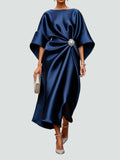 Clara | Elegant Blue Satin Kimono Sleeve Midi Dress With Brooch
