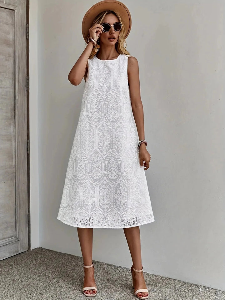 Florence | Elegant Sleeveless Lace White Midi Dress – view 3