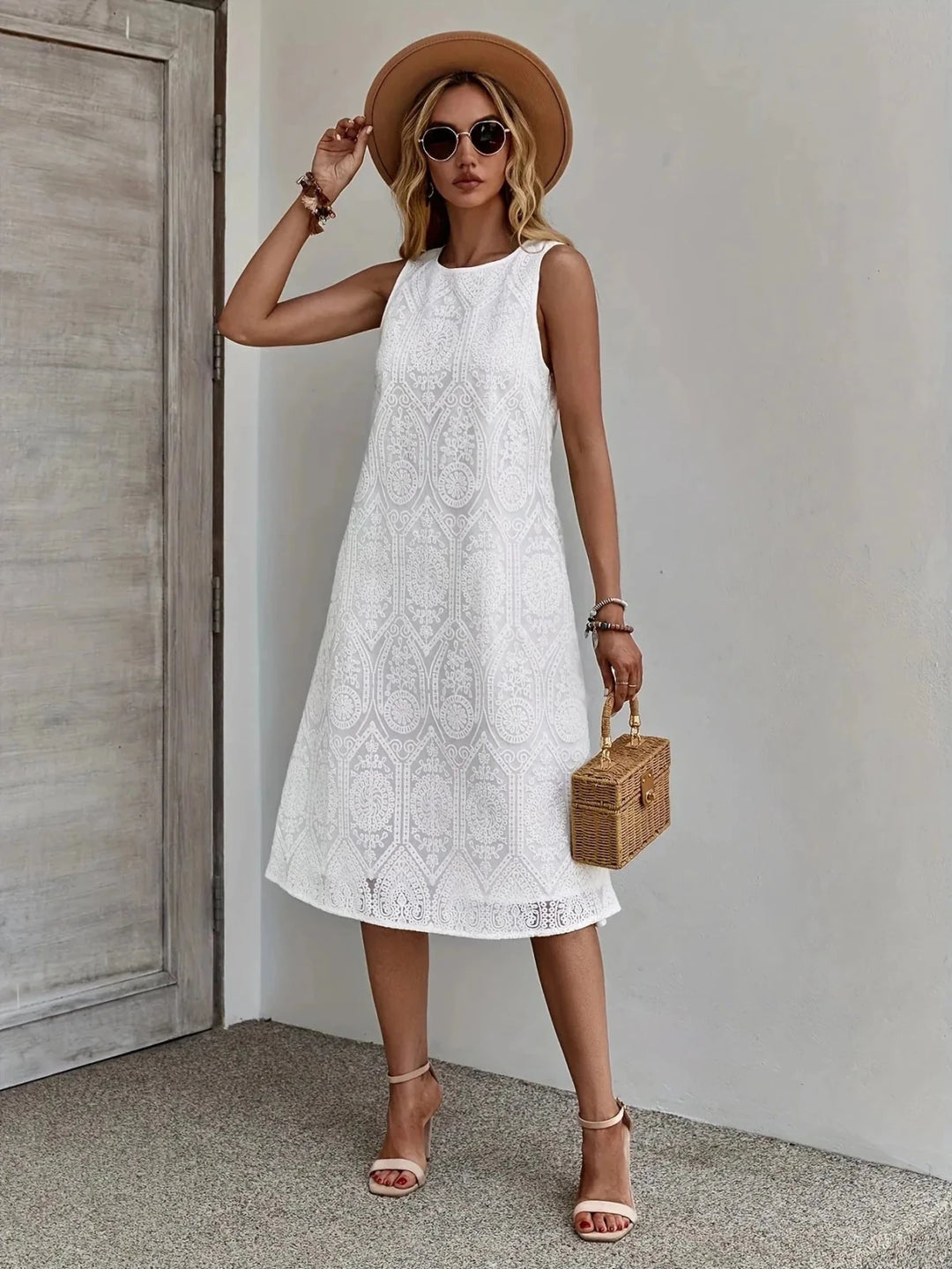 Florence | Elegant Sleeveless Lace White Midi Dress – view 4