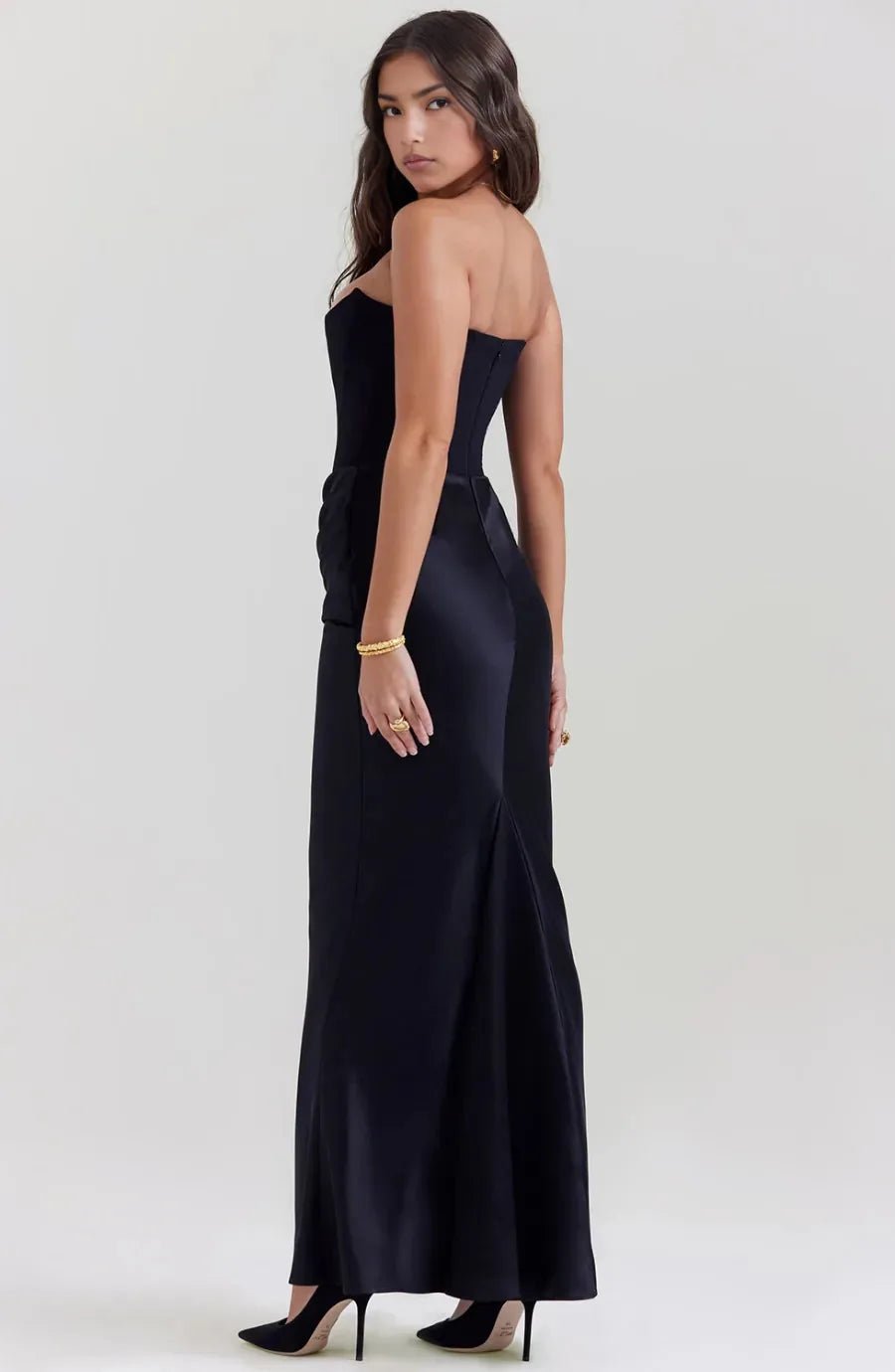 Lena | Elegant Strapless Black Dress with Corset Detail - Emma's Dresses