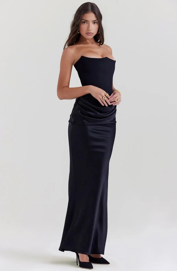 Lena | Elegant Strapless Black Dress with Corset Detail - Emma's Dresses