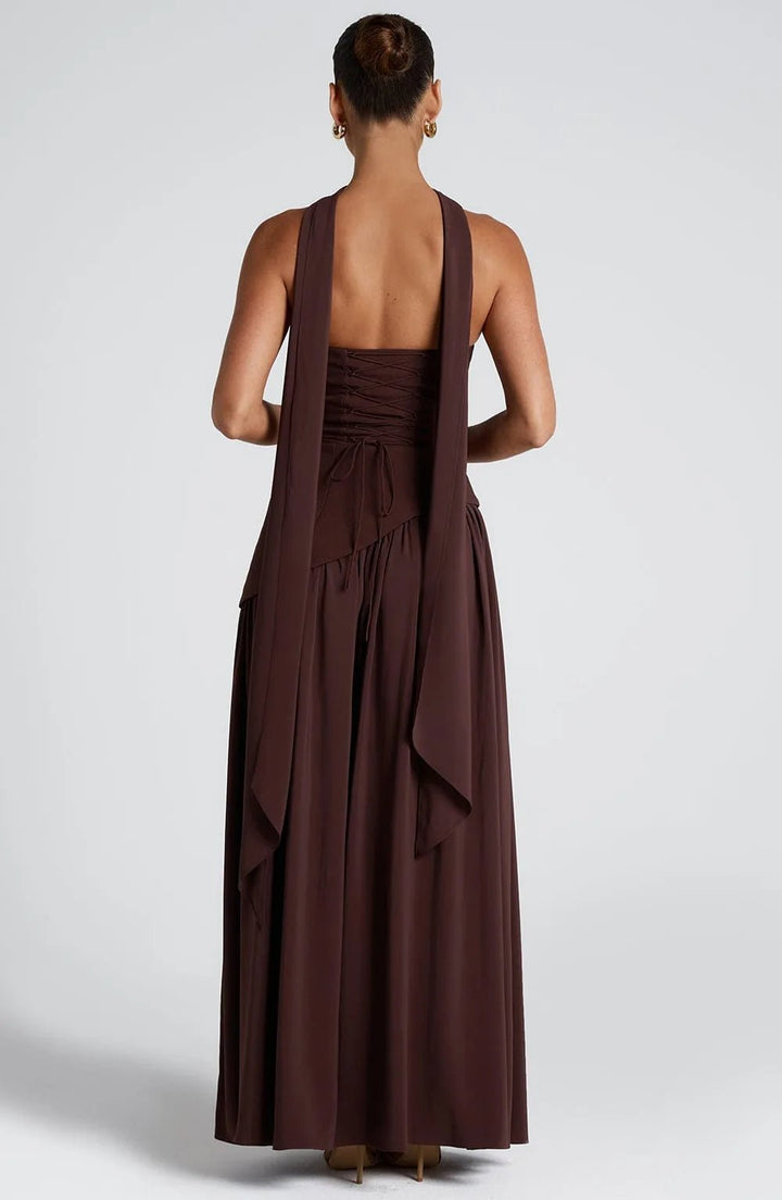 Lily | Elegant Yellow Strapless Maxi Dress With Choker Neck - Emma's Dresses
