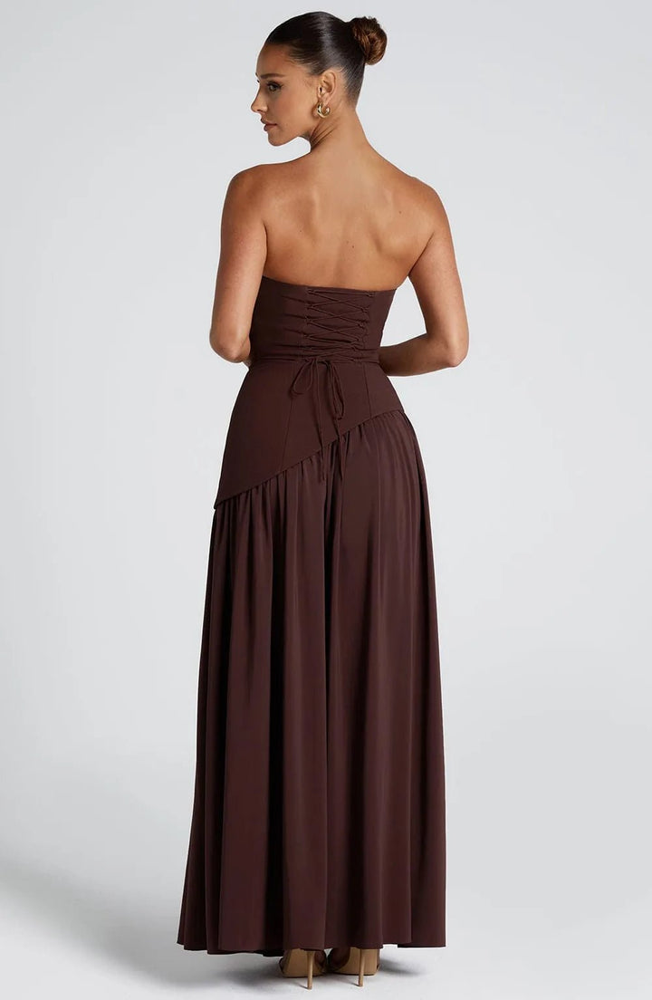Lily | Elegant Yellow Strapless Maxi Dress With Choker Neck - Emma's Dresses