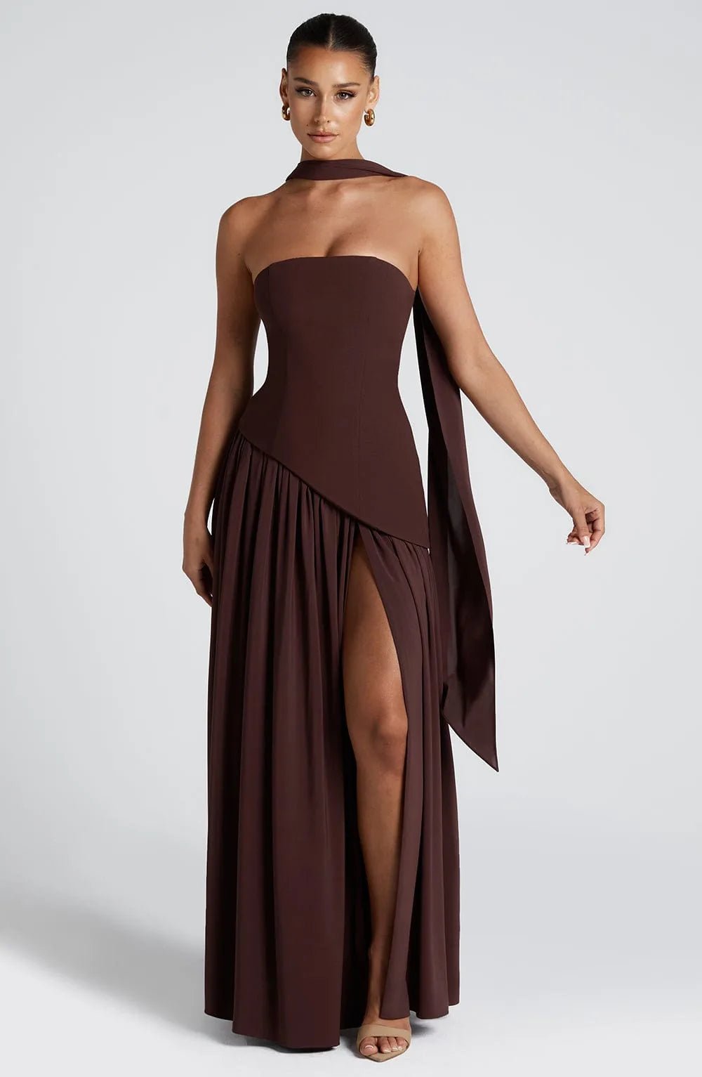 Lily | Elegant Yellow Strapless Maxi Dress With Choker Neck - Emma's Dresses