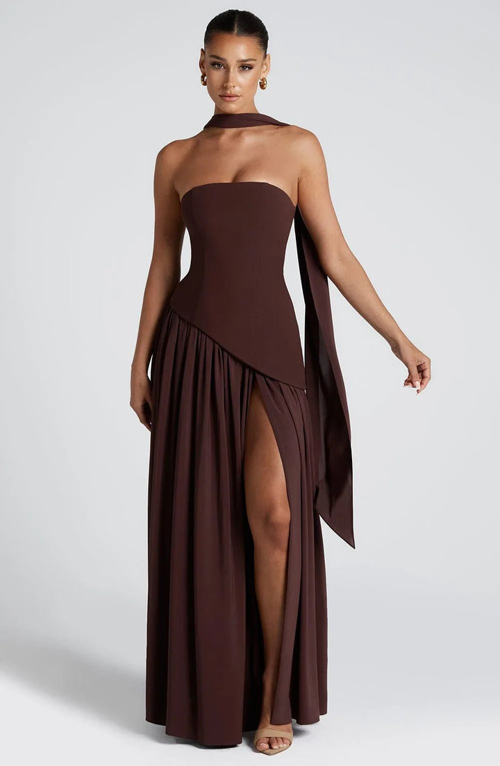 Lily | Elegant Yellow Strapless Maxi Dress With Choker Neck - Emma's Dresses