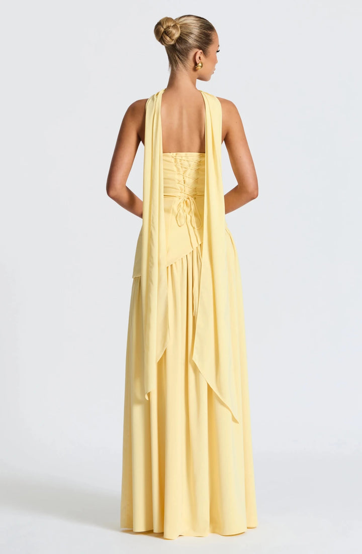 Lily | Elegant Yellow Strapless Maxi Dress With Choker Neck - Emma's Dresses