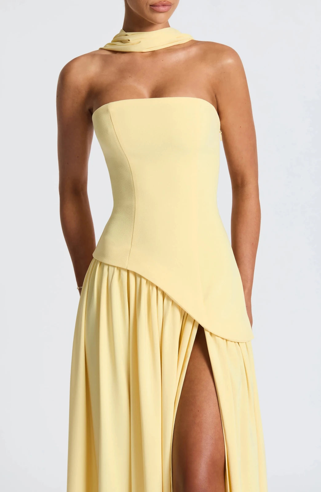 Lily | Elegant Yellow Strapless Maxi Dress With Choker Neck - Emma's Dresses