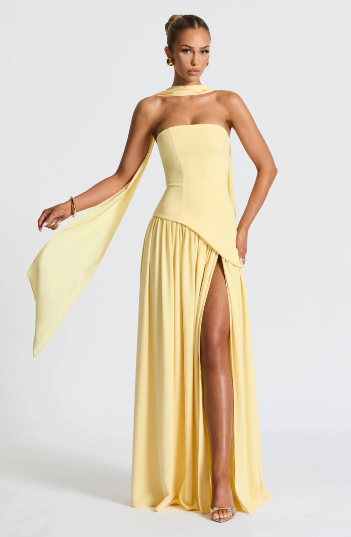 Lily | Elegant Yellow Strapless Maxi Dress With Choker Neck - Emma's Dresses