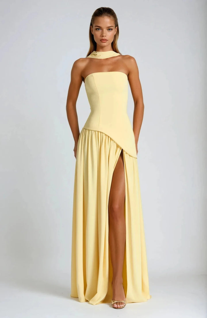 Lily | Elegant Yellow Strapless Maxi Dress With Choker Neck - Emma's Dresses
