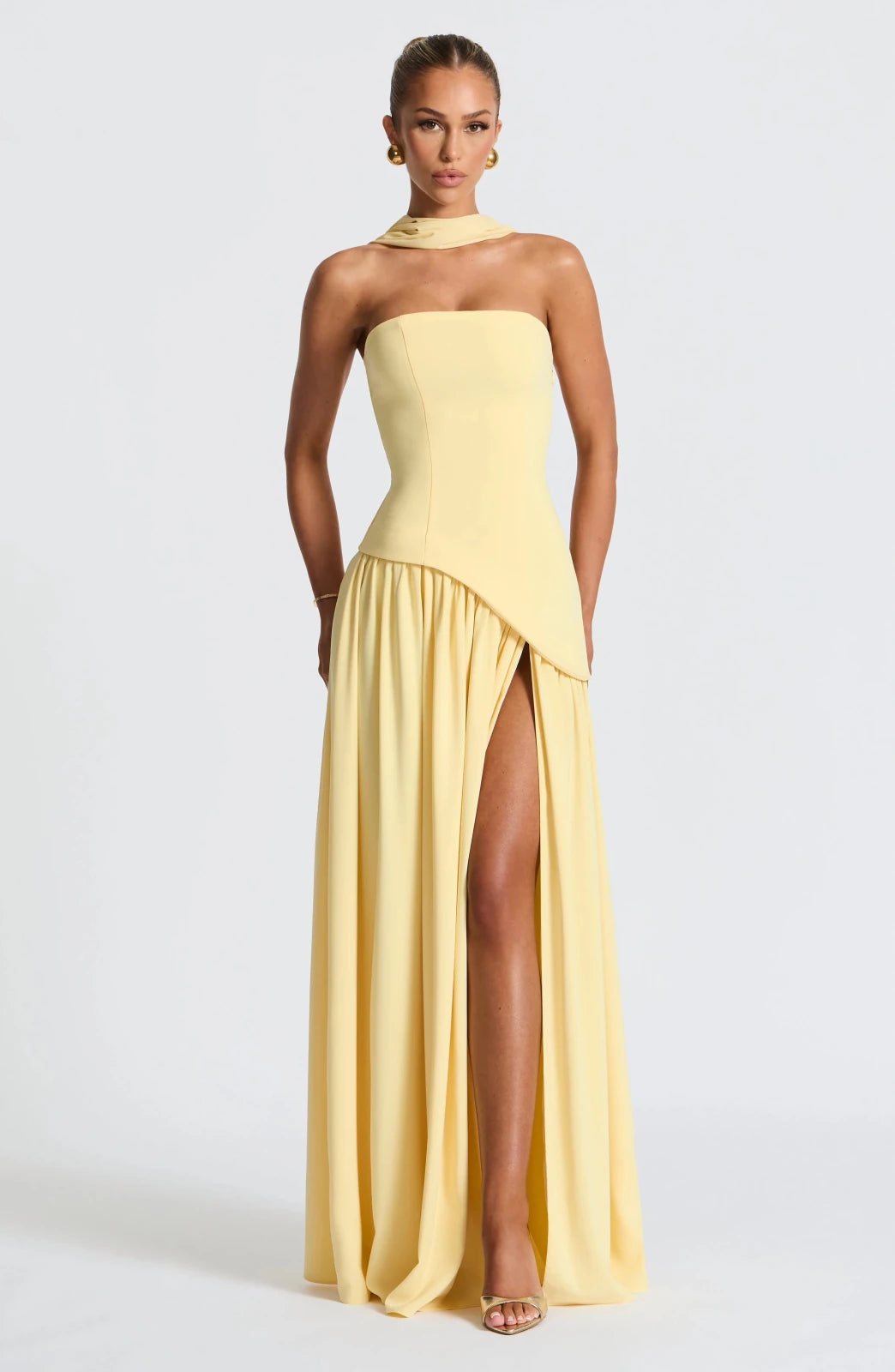 Lily | Elegant Yellow Strapless Maxi Dress With Choker Neck - Emma's Dresses