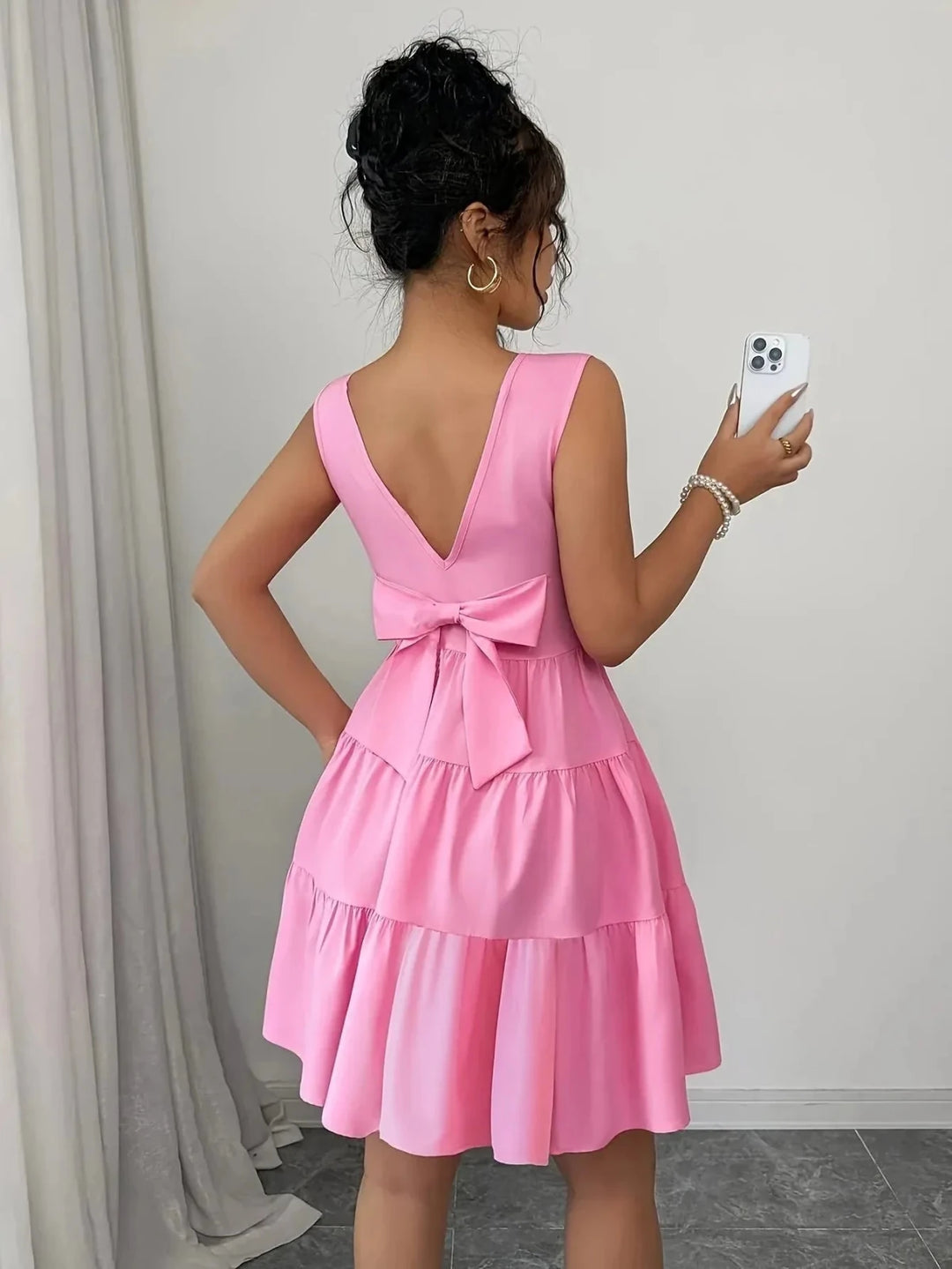Florence | Elegant Tiered V - Neck Pink Midi Dress - Emma's Dresses