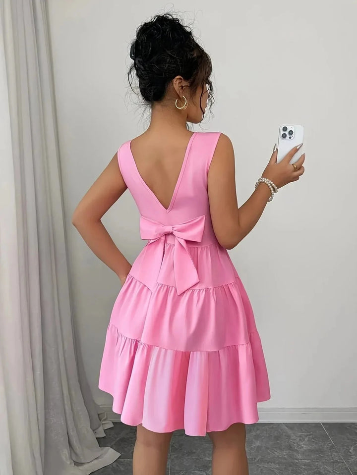 Florence | Elegant Tiered V - Neck Pink Midi Dress - Emma's Dresses