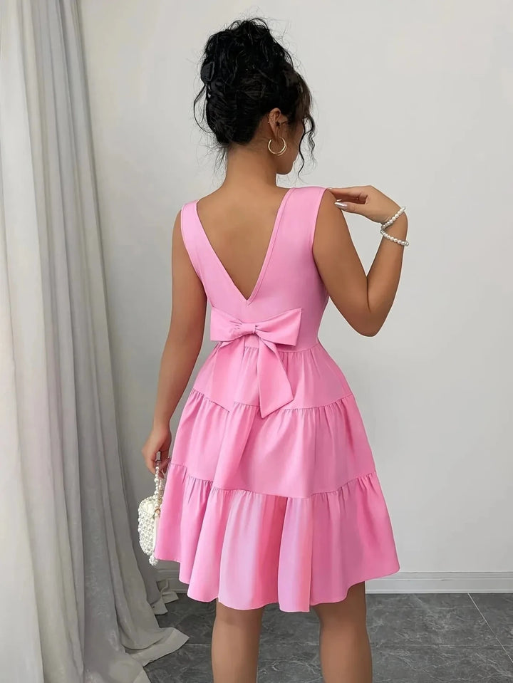 Florence | Elegant Tiered V - Neck Pink Midi Dress - Emma's Dresses