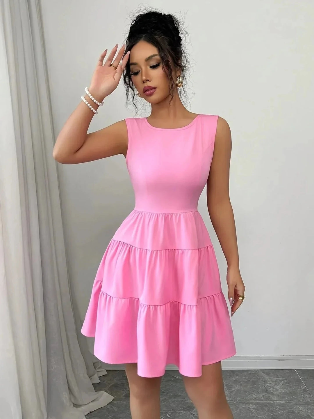 Florence | Elegant Tiered V - Neck Pink Midi Dress - Emma's Dresses