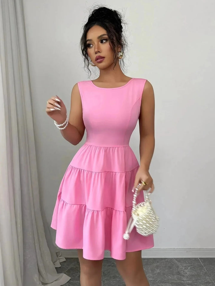 Florence | Elegant Tiered V - Neck Pink Midi Dress - Emma's Dresses