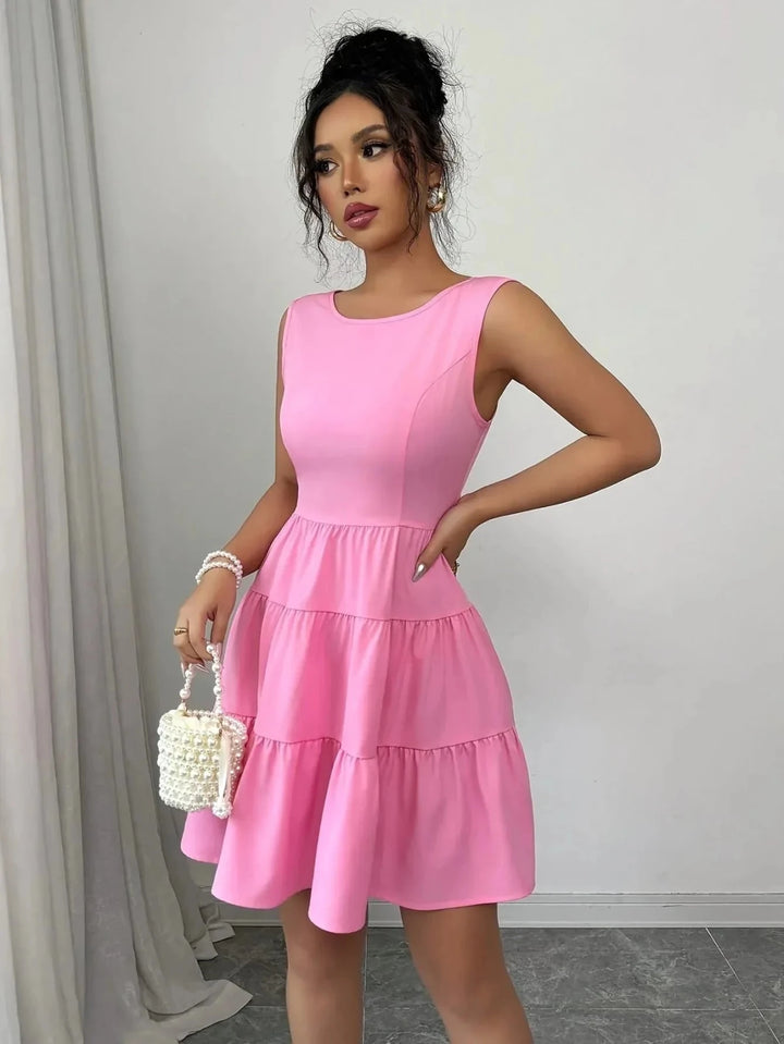 Florence | Elegant Tiered V - Neck Pink Midi Dress - Emma's Dresses