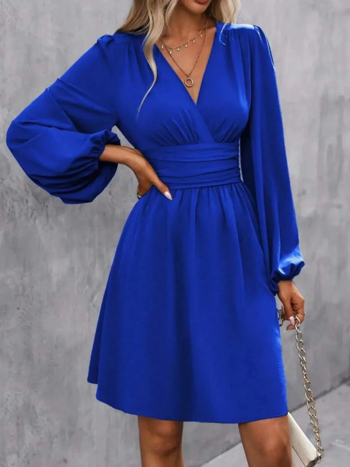 Nina | Elegant Pink V - Neck Balloon Sleeve Dress - Emma's Dresses