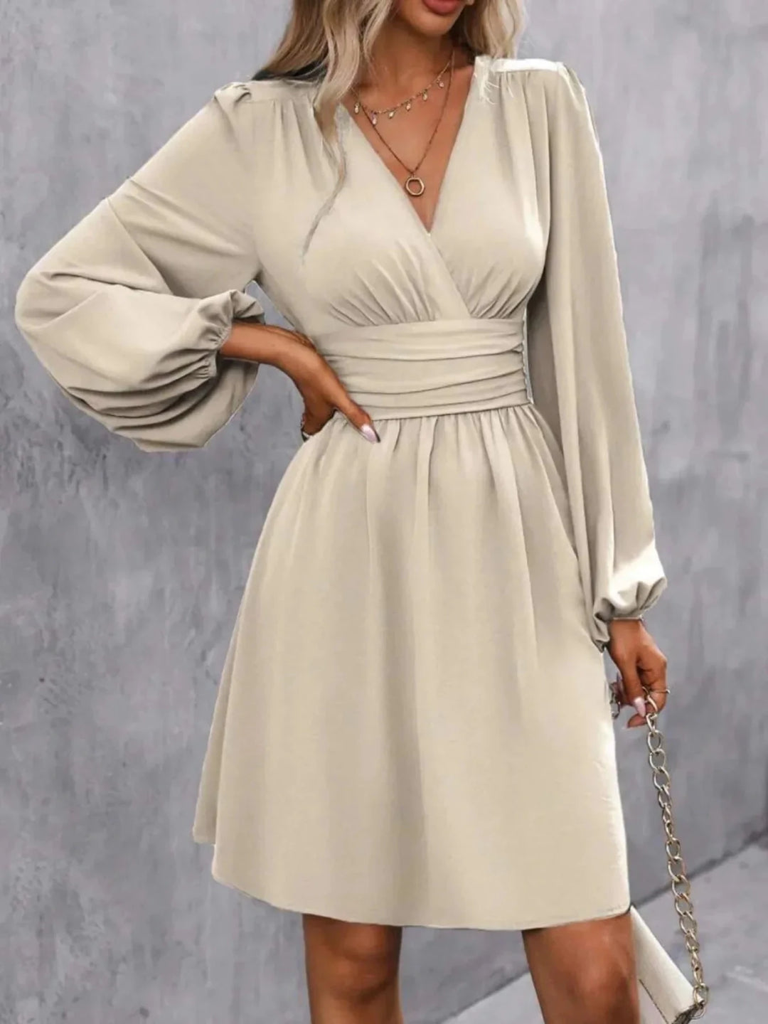 Nina | Elegant Pink V - Neck Balloon Sleeve Dress - Emma's Dresses