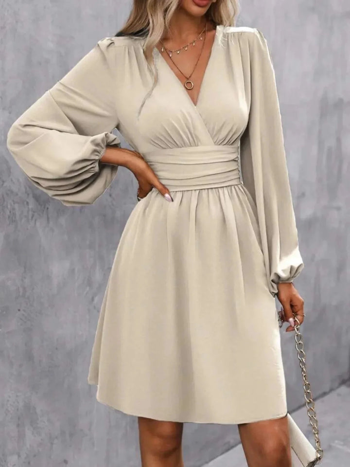 Nina | Elegant Pink V - Neck Balloon Sleeve Dress - Emma's Dresses