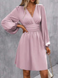 Nina | Elegant Pink V-Neck Balloon Sleeve Dress