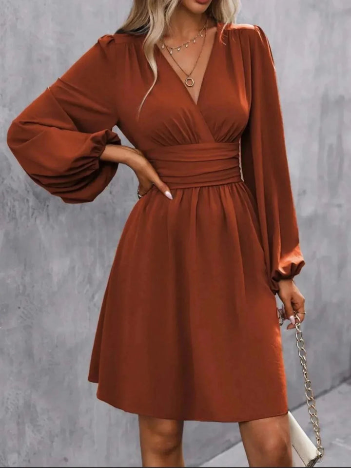 Nina | Elegant Pink V - Neck Balloon Sleeve Dress - Emma's Dresses