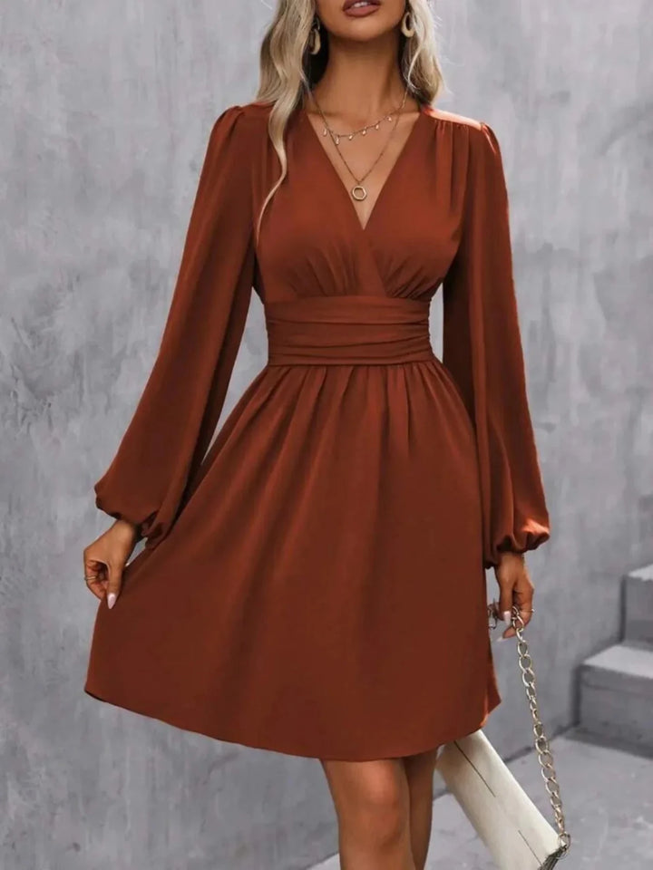 Nina | Elegant Pink V - Neck Balloon Sleeve Dress - Emma's Dresses