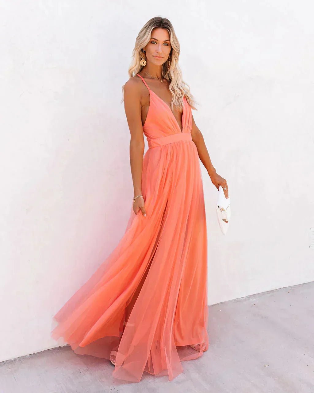 Naomi | Elegant Orange V - Neck Maxi Dress With Flowing Silhouette - Emma's Dresses
