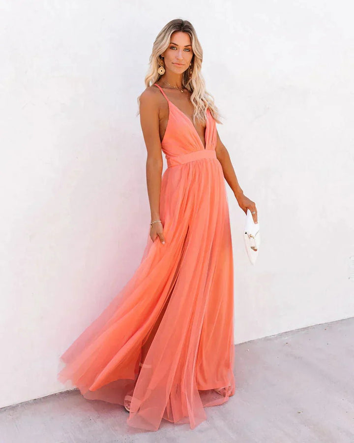 Naomi | Elegant Orange V - Neck Maxi Dress With Flowing Silhouette - Emma's Dresses
