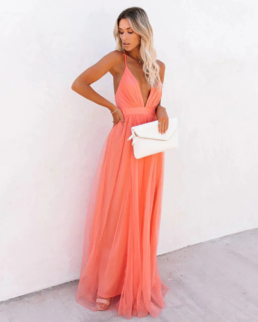Naomi | Elegant Orange V - Neck Maxi Dress With Flowing Silhouette - Emma's Dresses