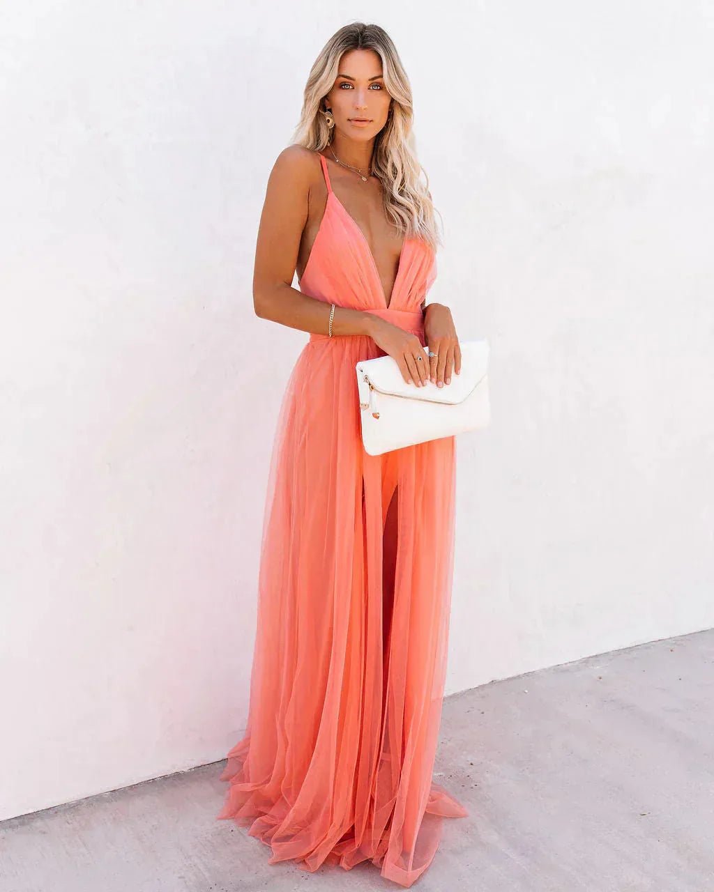 Naomi | Elegant Orange V - Neck Maxi Dress With Flowing Silhouette - Emma's Dresses