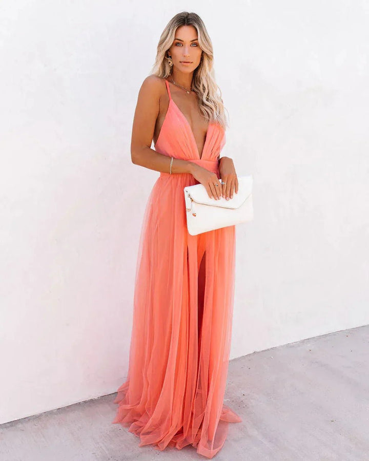 Naomi | Elegant Orange V - Neck Maxi Dress With Flowing Silhouette - Emma's Dresses
