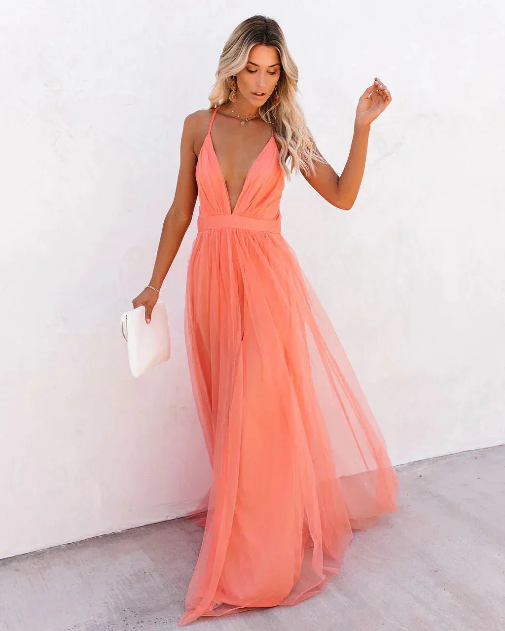 Naomi | Elegant Orange V - Neck Maxi Dress With Flowing Silhouette - Emma's Dresses