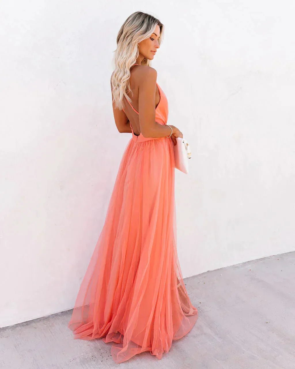 Naomi | Elegant Orange V - Neck Maxi Dress With Flowing Silhouette - Emma's Dresses