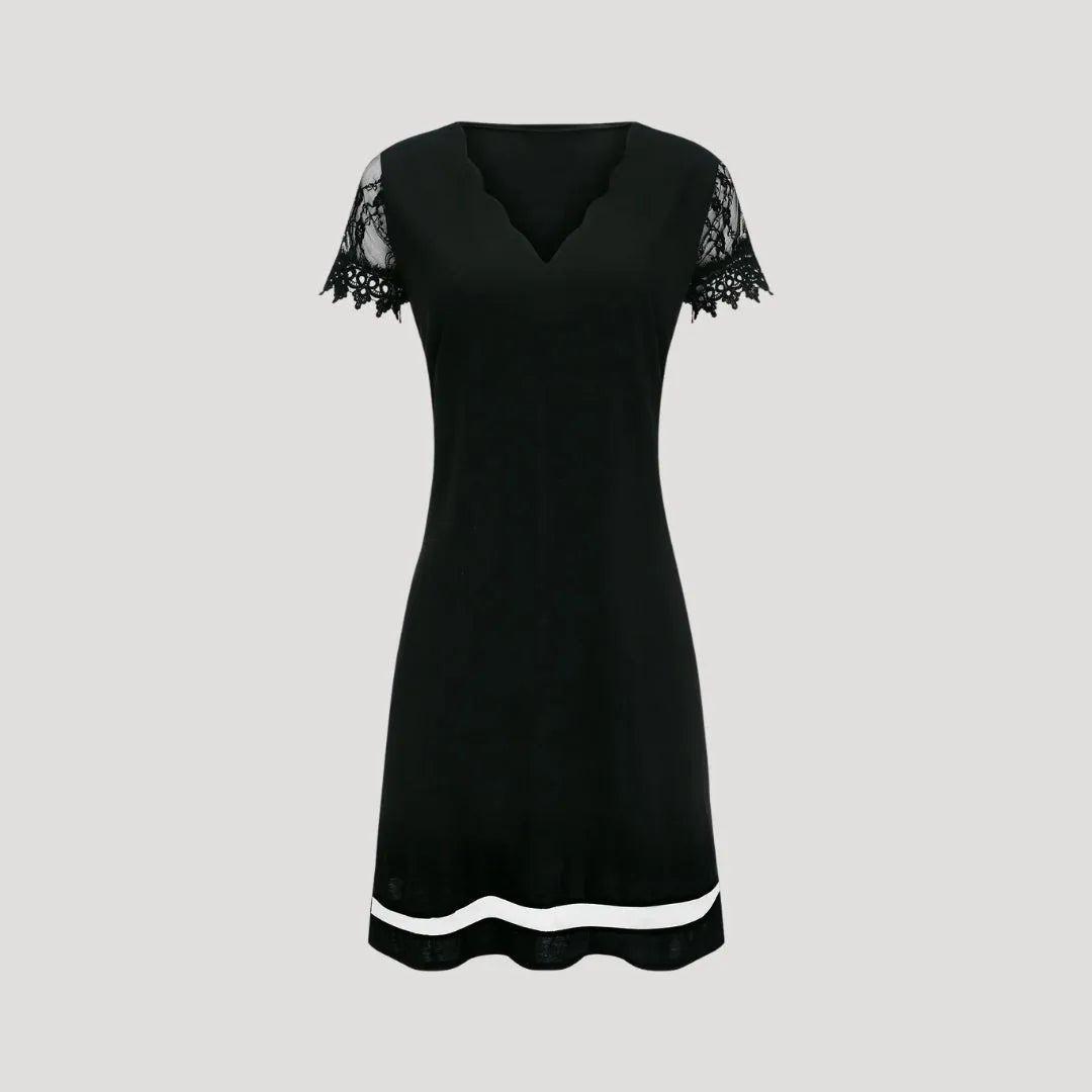 Iris | Elegant Black V - Neck Lace Sleeve Mini Dress - Emma's Dresses