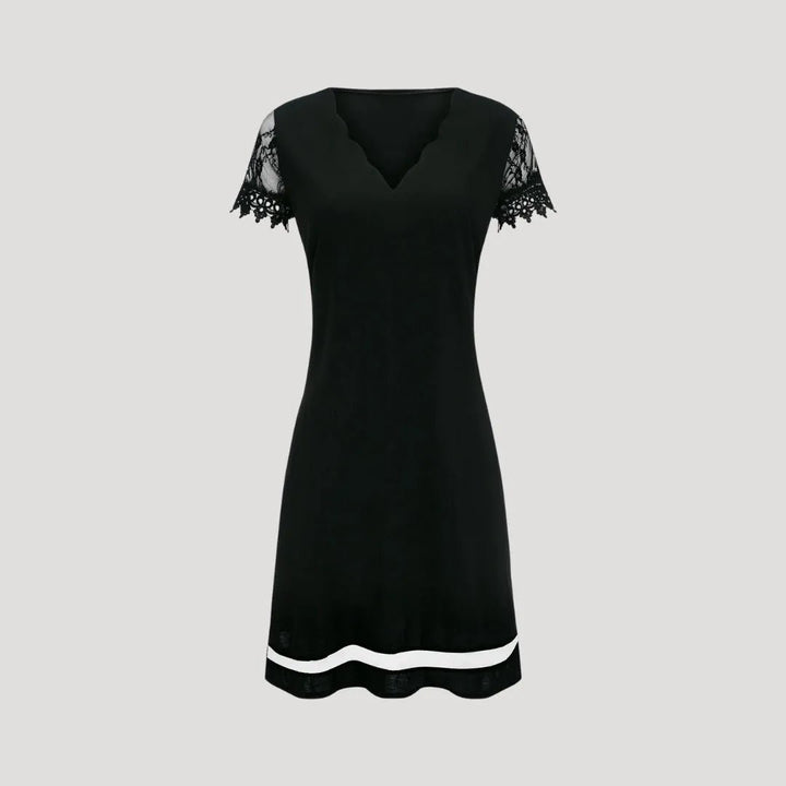 Iris | Elegant Black V - Neck Lace Sleeve Mini Dress - Emma's Dresses