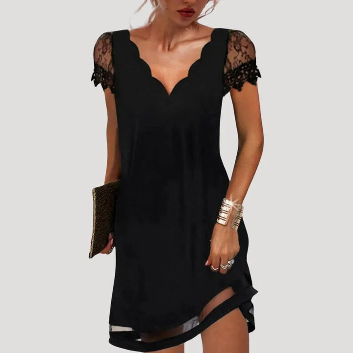 Iris | Elegant Black V - Neck Lace Sleeve Mini Dress - Emma's Dresses